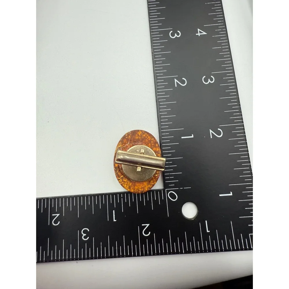 Vintage Mid Century Gold Foil Faux Amber Resin Oval Cufflinks Orange Gold Tone